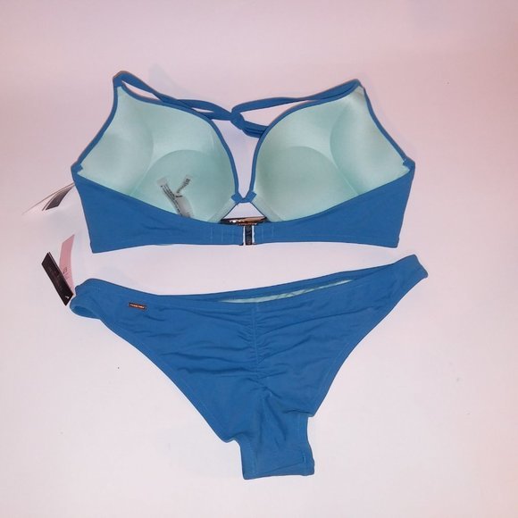 Victoria Secret Swim Bikini 38C Top Large Bottom Solid Blue Bombshell Push Up Ad - Picture 7 of 9